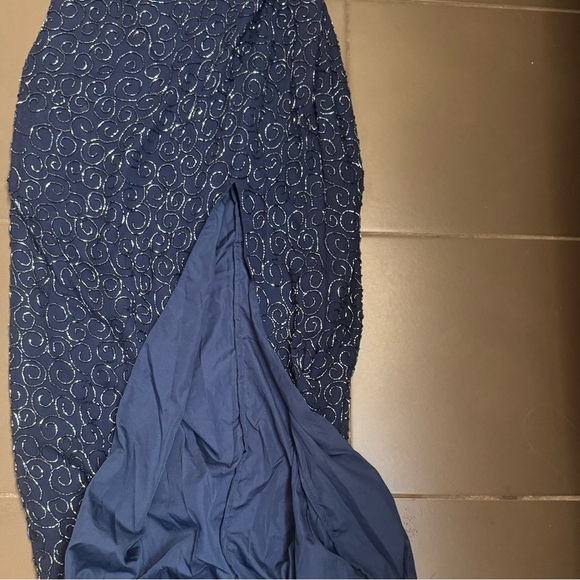 VINTAGE SILK CACHE Sequin 100% Silk Navy Blue Dress SM Formal Slit Floor Length - Picture 9 of 16